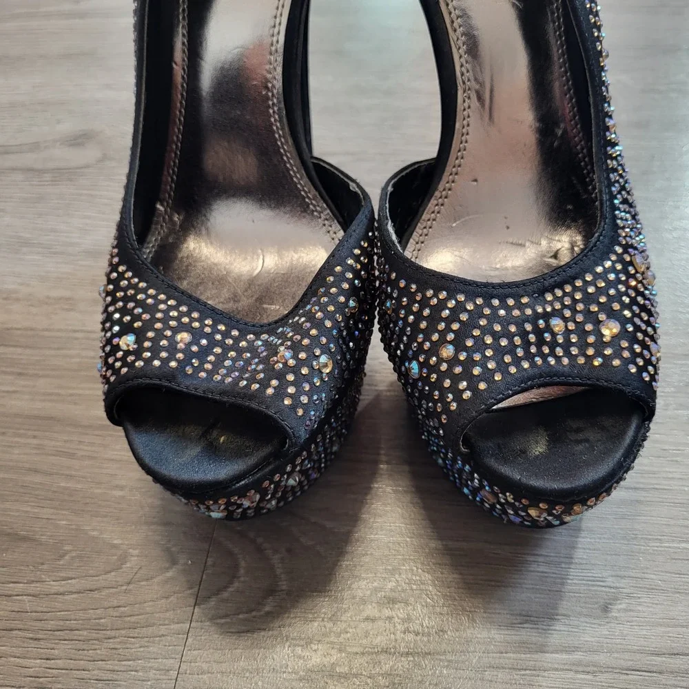 Bakers Y2K Showstopper Black Rhinestone Platform‎ Peep Toe Stiletto Pumps size 8
